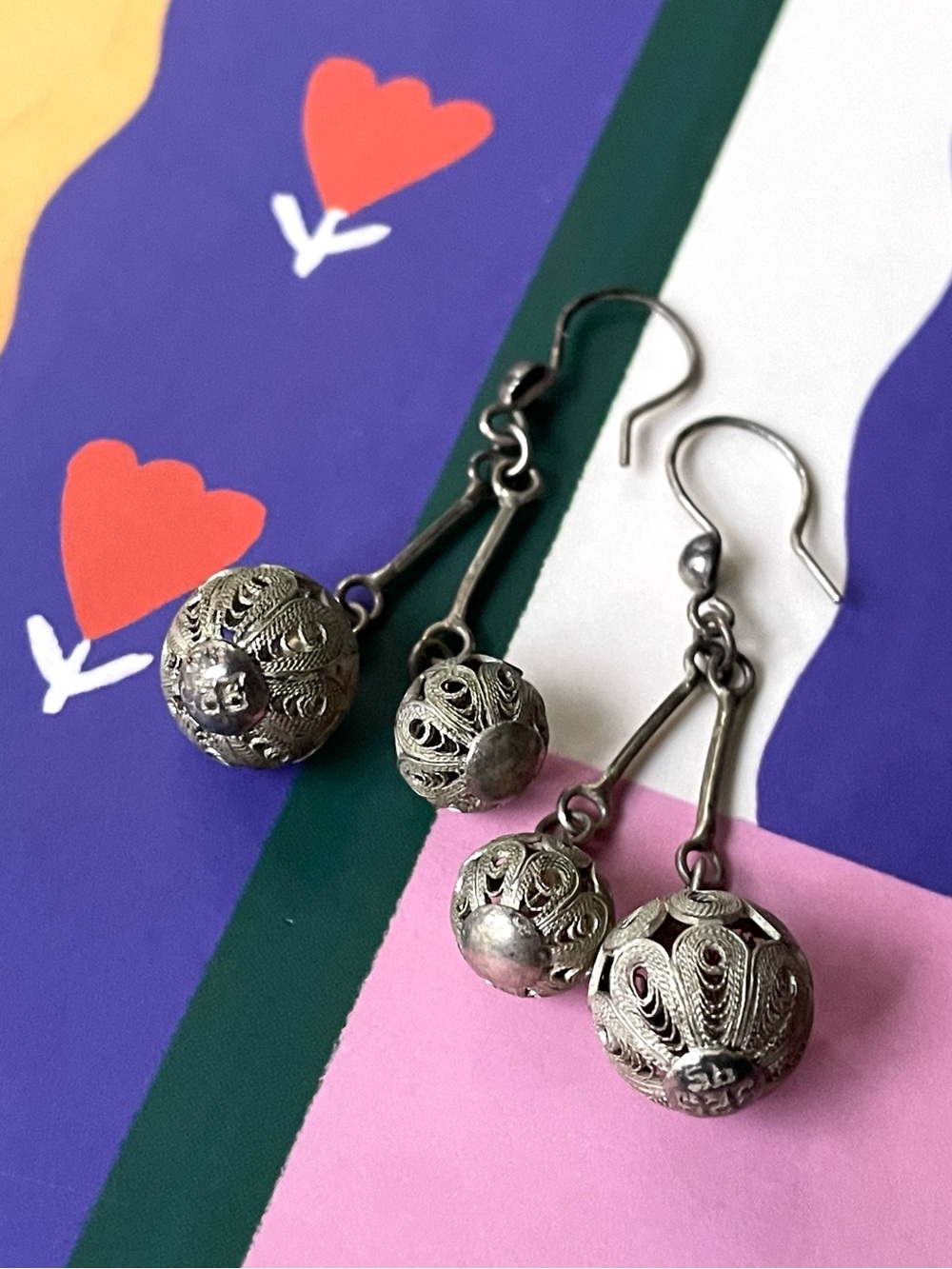 Vintage stamped 925 sterling silver open filigree ball dangle earrings boho